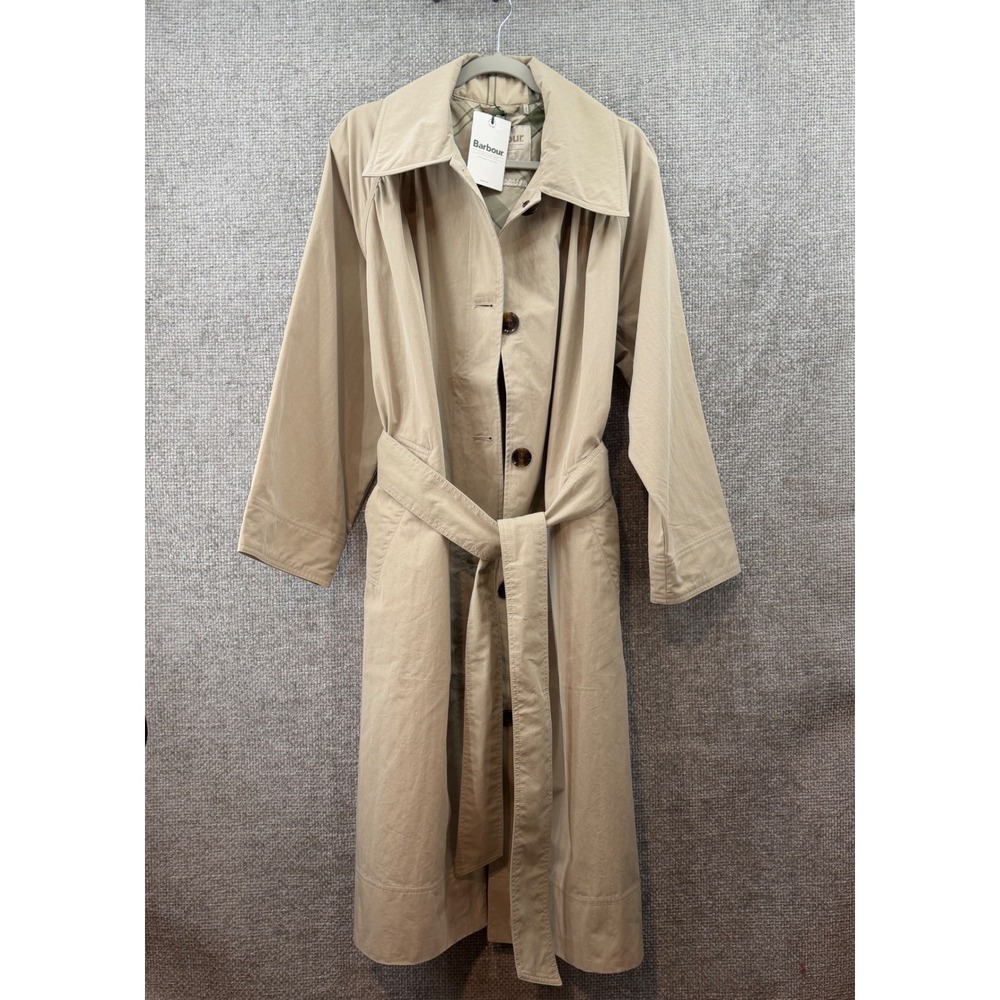 Barbour Garbo Showerproof Trench Coat Womens Size 8 Beige New Long Belted Jacket - Picture 3 of 12